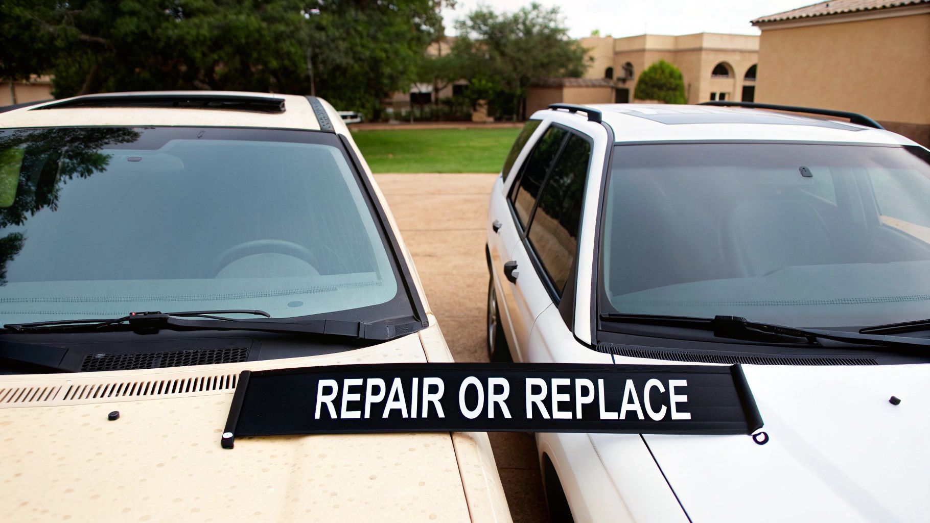 A close-up of two cars, one beige and one white, with a 'REPAIR OR REPLACE' sign on their hoods.