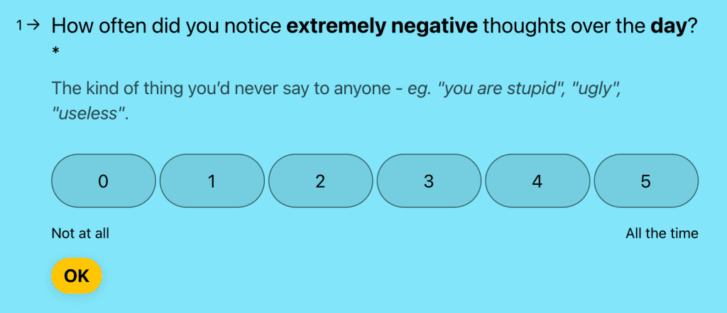 Survey question asking ‘How often did you notice extremely negative thoughts over the day?’ with a 0–5 scale from ‘Not at all’ to ‘All the time’. Examples include self-critical phrases like ‘you are stupid’, ‘ugly’, or ‘useless’.