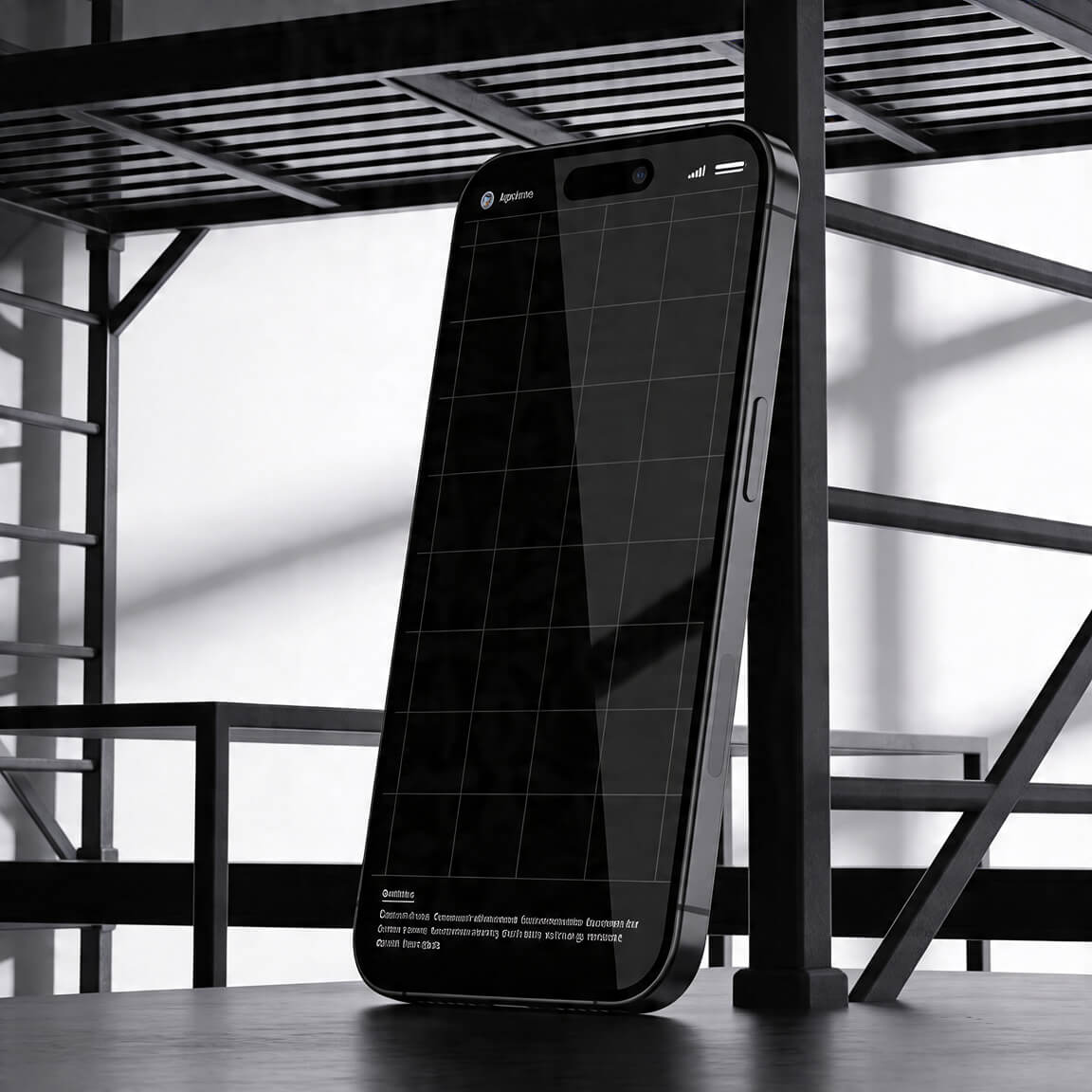 Smartphone mockup leaning against a metal frame, featuring a dark UI in a high-contrast industrial setting.