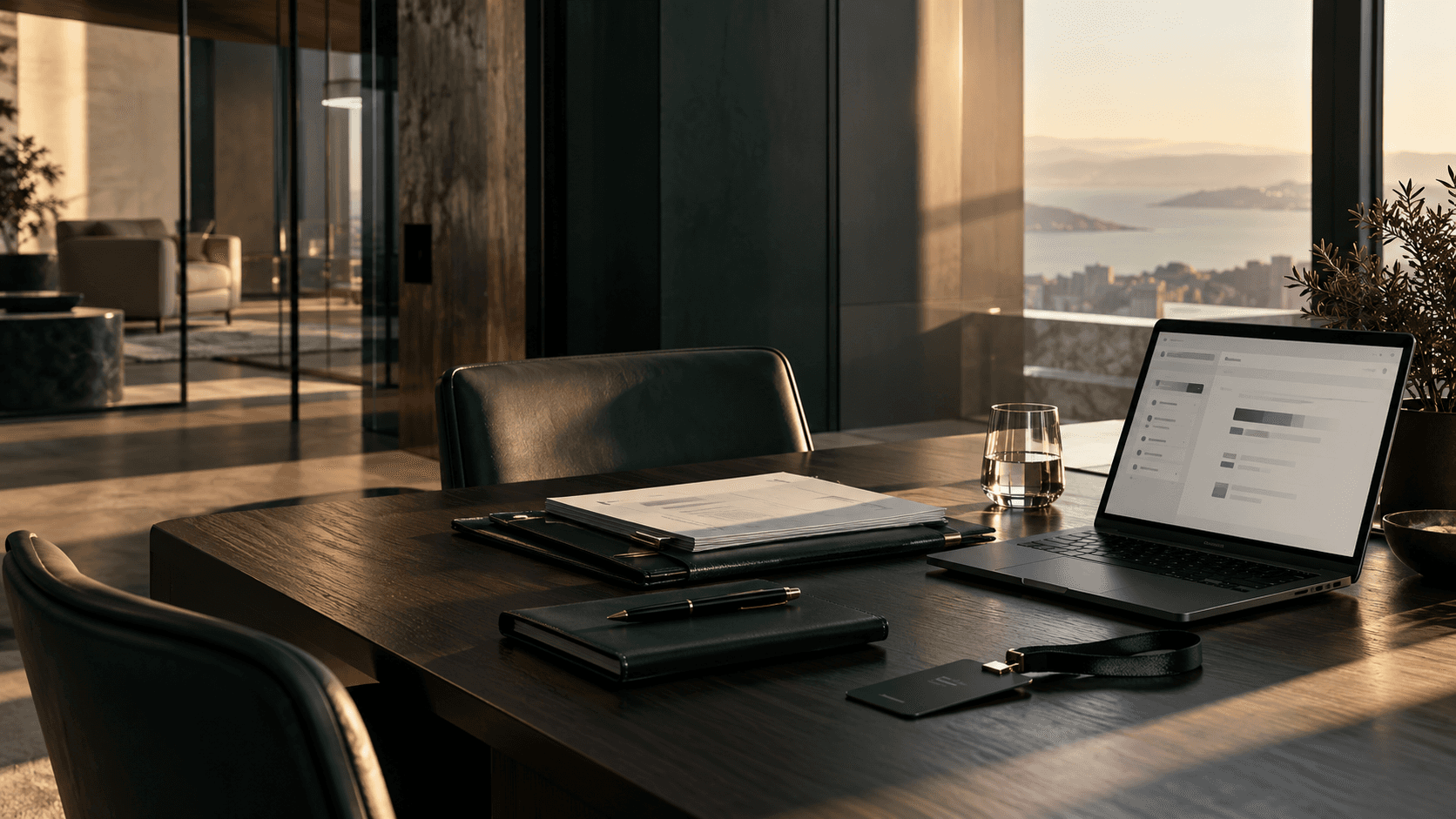 A controlled private workspace with a closed folio, access card and laptop prepared for review.