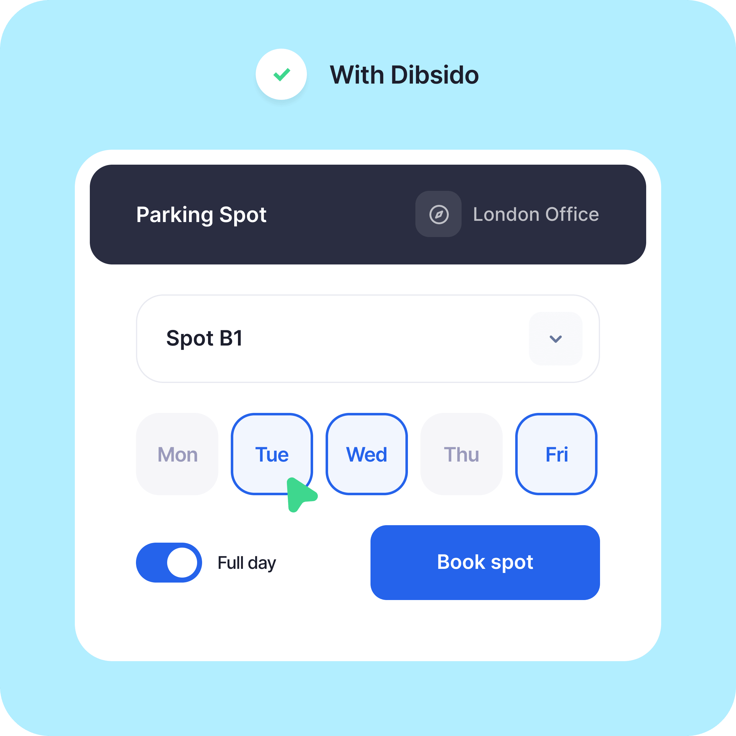 Office parking with Dibsido: choosing an open spot and booking it for the week in seconds.