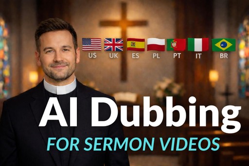 Pendeta berdiri di gereja dengan bendera bahasa yang menggambarkan Dubbing Otomatis untuk video khotbah di gereja multibahasa