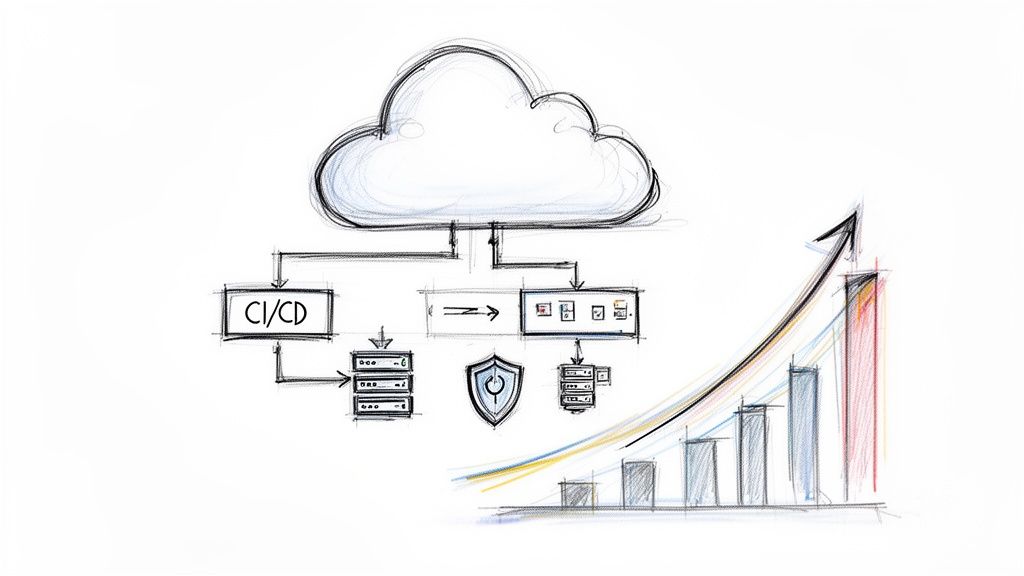 Hand-drawn diagram of a cloud DevOps workflow with CI/CD, servers, security, and growth charts.