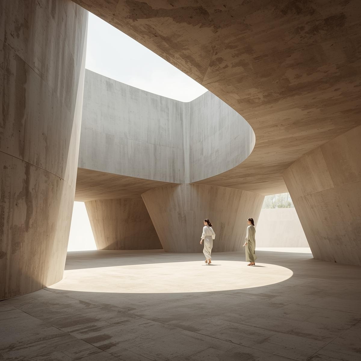 an modern open structure with people roaming in middle