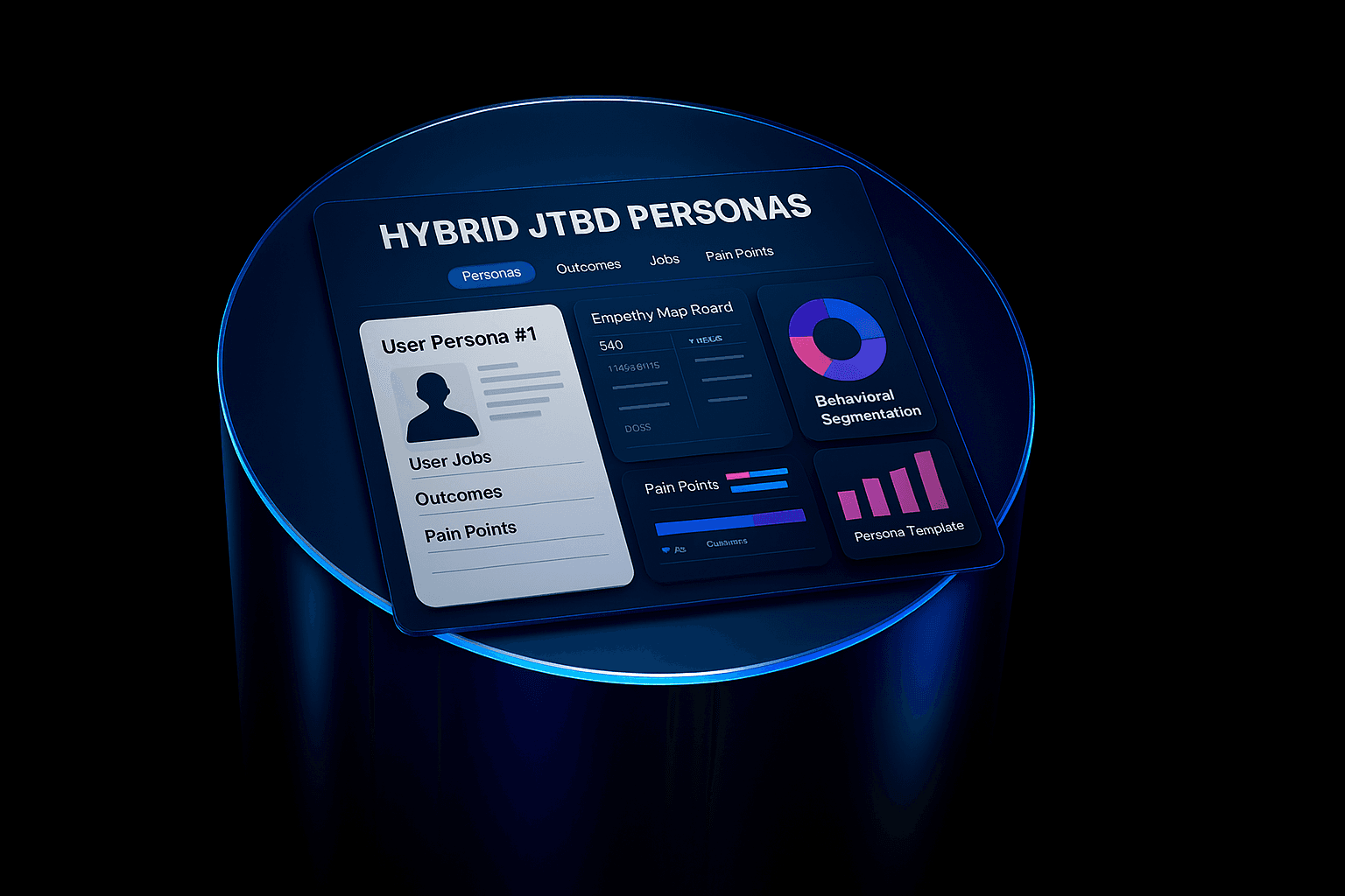 Digital dashboard showing hybrid JTBD personas with empathy mapping and audience profiling