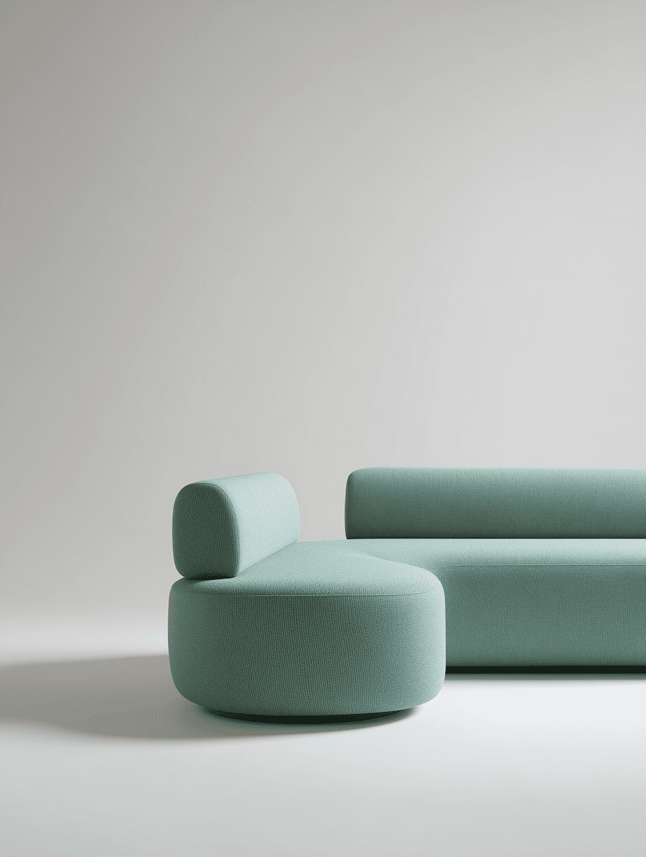 Minimal studio scene with a curved mint-green sofa on a light gray background.
