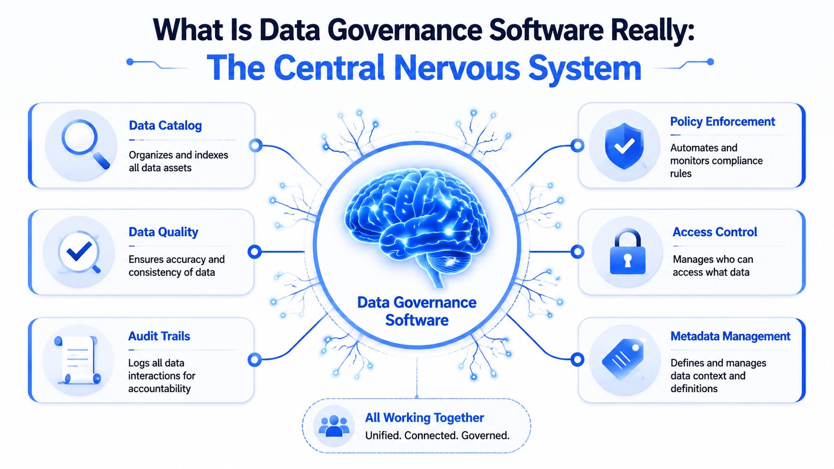 A diagram depicting data governance software as a central nervous system, connecting various essential data management functions.