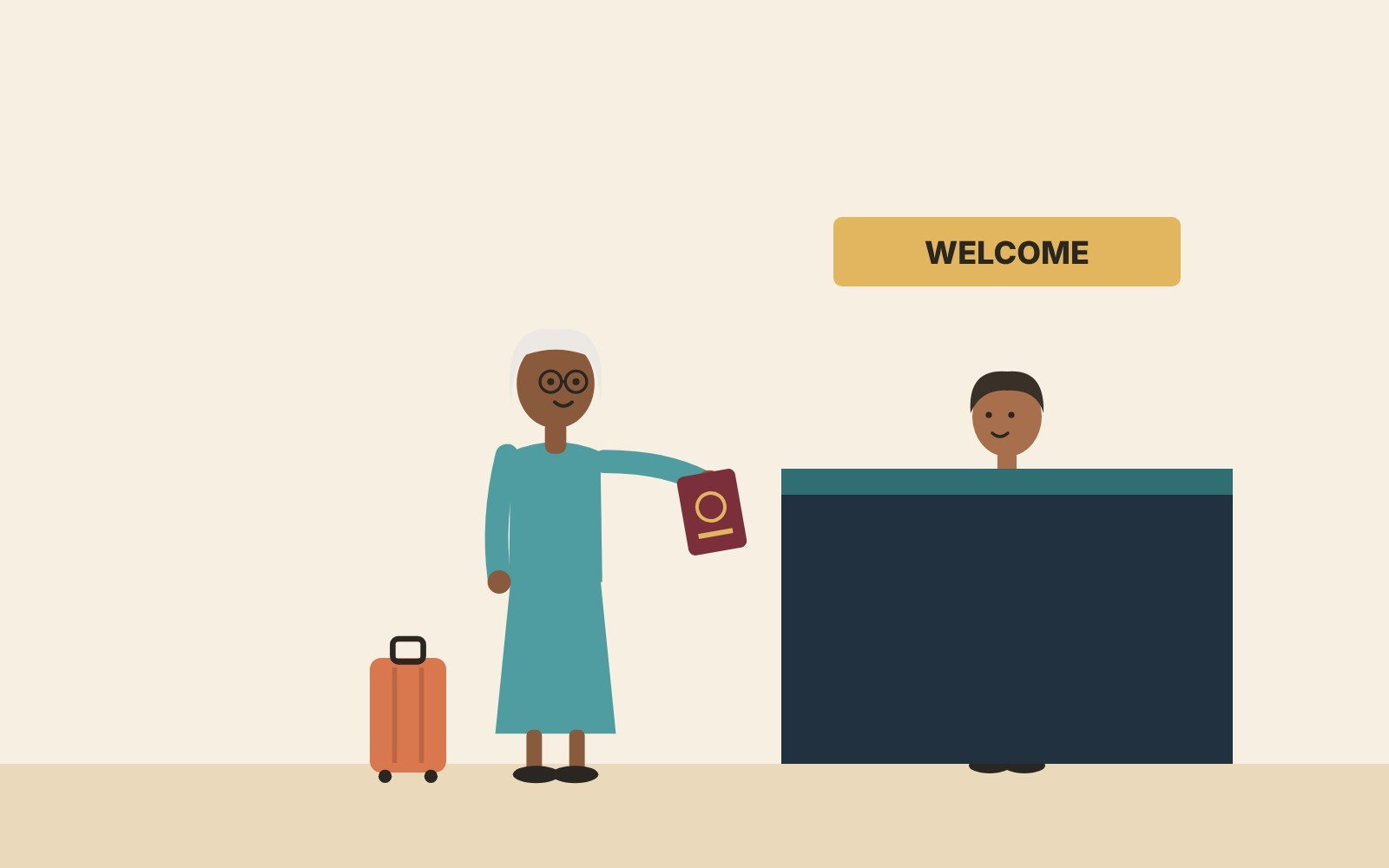 Illustration: an older woman with a suitcase handing her passport to an officer at a Welcome desk