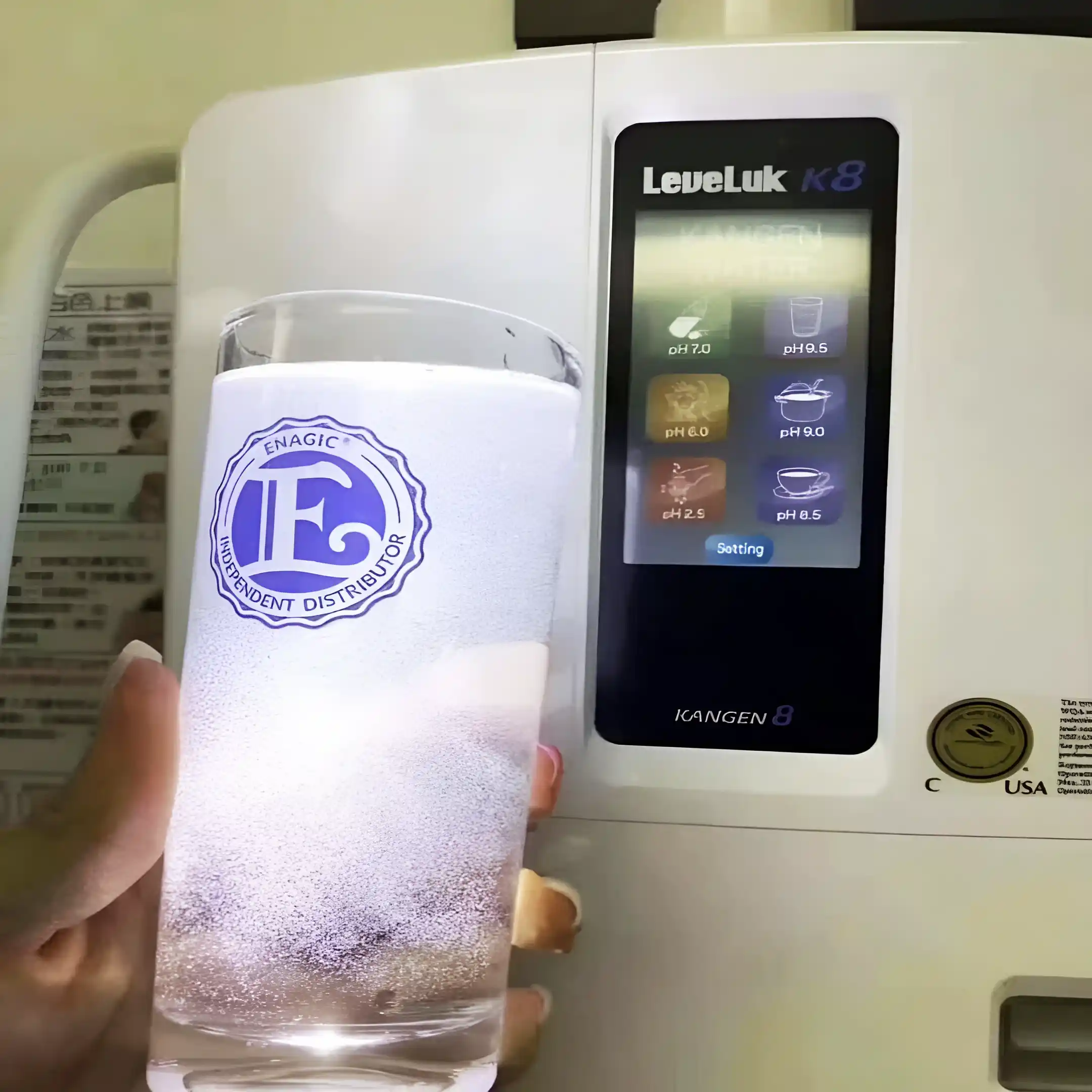 Gelas berisi air Kangen Water yang kaya dengan gelembung hidrogen aktif (active hydrogen) hasil elektrolisis mesin Leveluk K8, sedia untuk memulihkan tenaga sel badan.