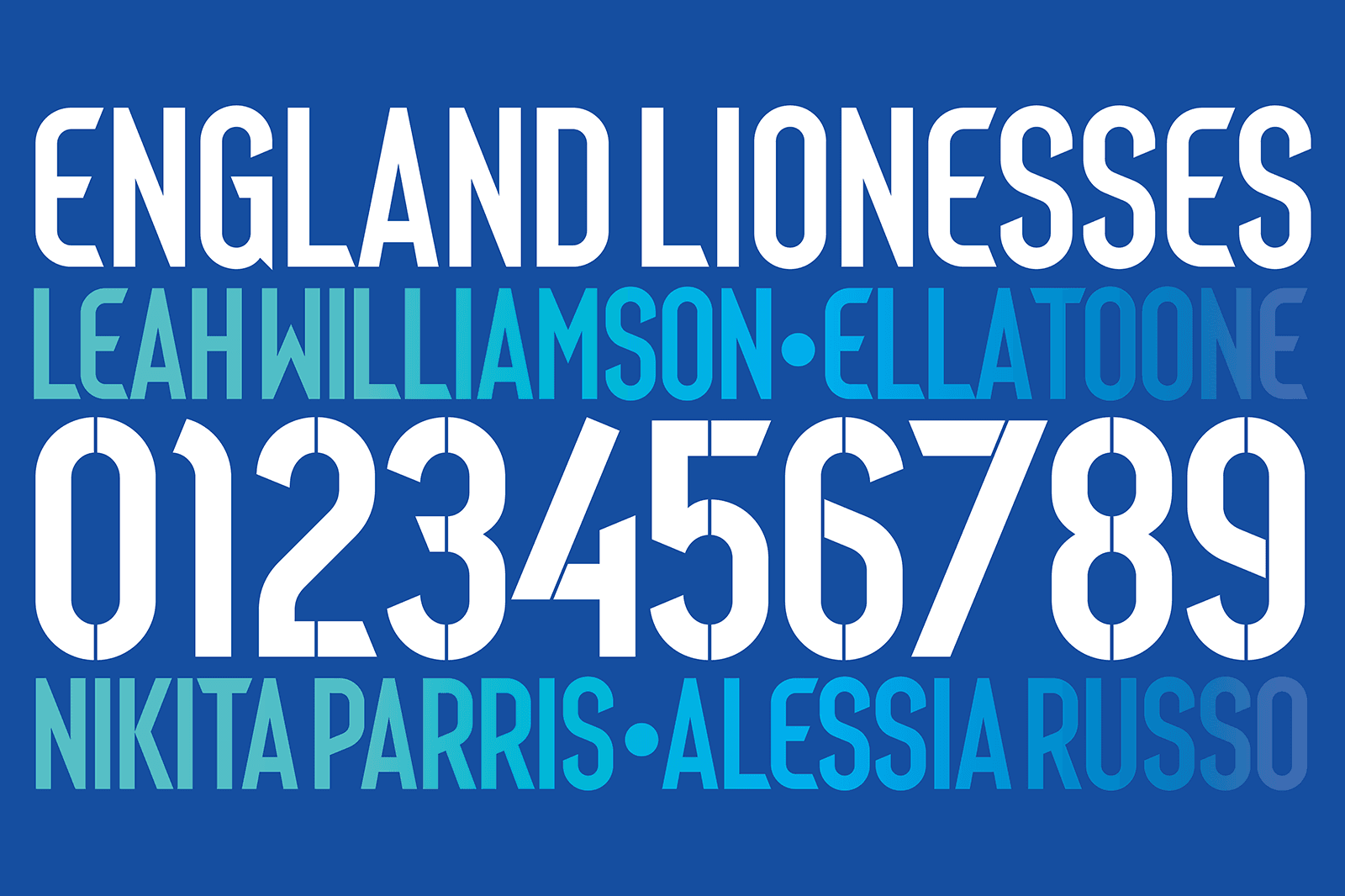 Text graphic featuring "England Lionesses" along with names and a phone number in bold white font on a blue background.