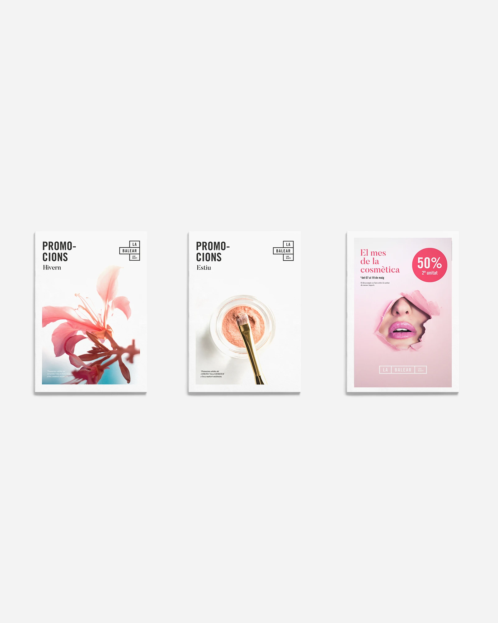 Three La Balear promotional flyers with pink and floral images, brand identity design by Sebastian Saavedra