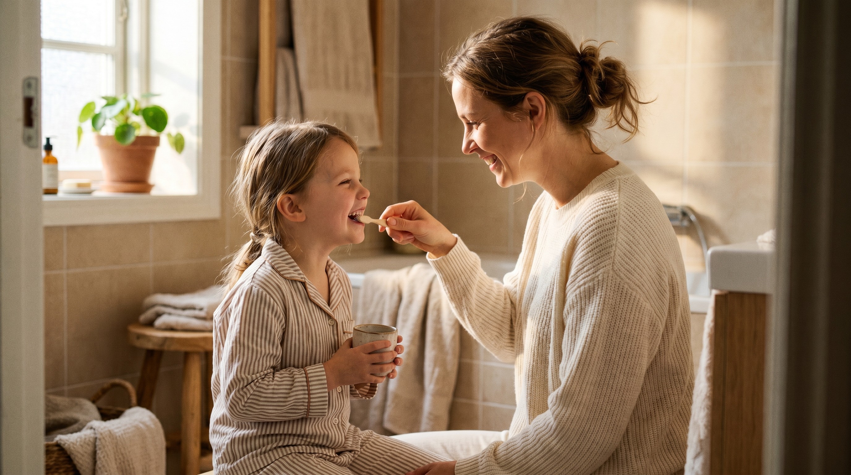 Mother helping young daughter brush her teeth in a sunlit bathroom at home
