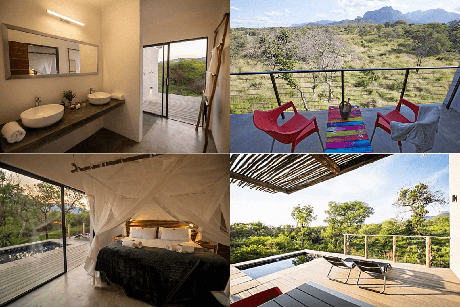 Collage montrant un lodge haut de gamme : salle de bain moderne, terrasse avec vue sur la savane, chambre avec moustiquaire et piscine privée entourée de végétation.