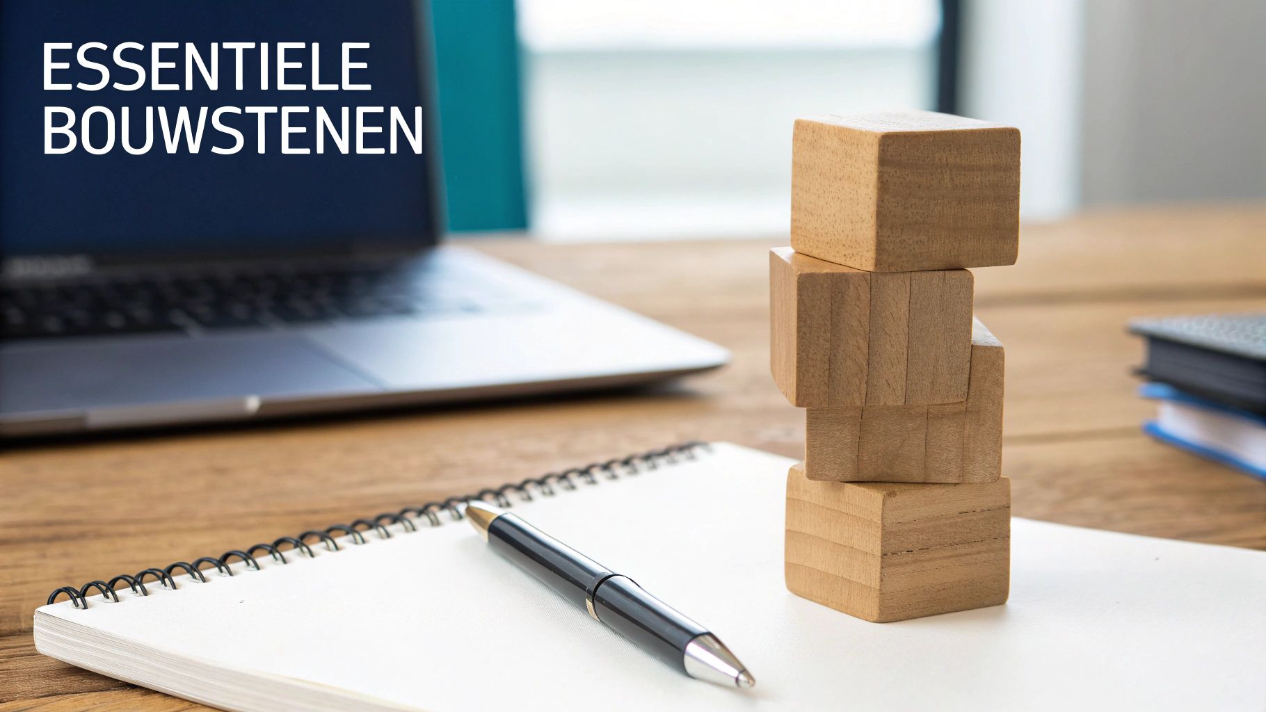 Houten bouwstenen gestapeld op bureau naast laptop en notitieblok symboliseren essentiele bouwstenen voor groei