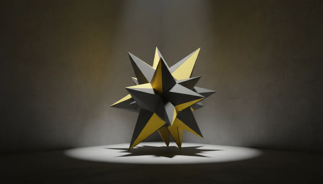 3D render of a low-poly abstract geometric sculpture, featuring sharp, angular facets with a matte dark gray and vibrant yellow finish. The sculpture is placed in a minimalist dark corner, with dramatic studio lighting from the top-right creating a strong key light and casting long, soft shadows. One wall is illuminated with a warm yellow glow, creating a high-contrast and cinematic atmosphere. Soft global illumination, Blender style.