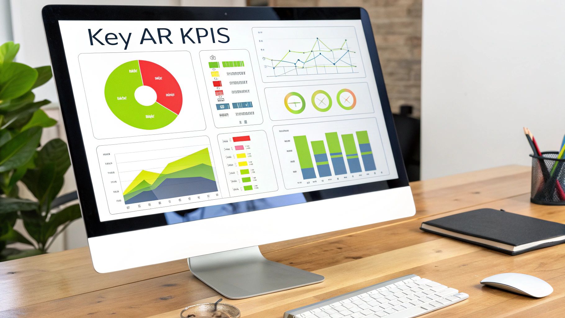 A computer monitor displays a dashboard titled 