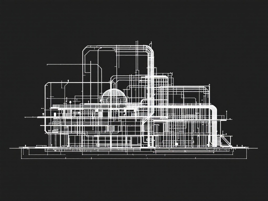 Architectural blueprint of a building with intricate piping and structural details