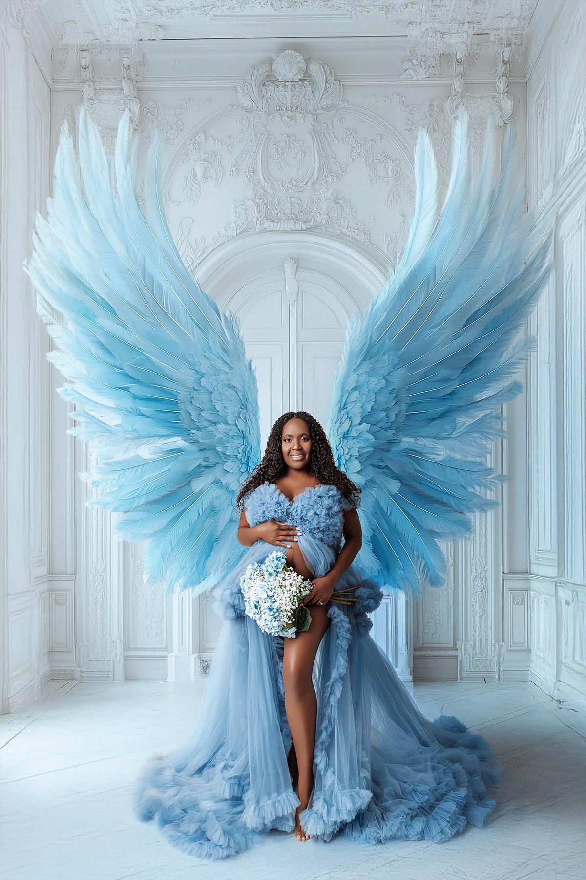 Fluffy maternity dress with layers of fabric — feminine and timeless style captured in Los Angeles.