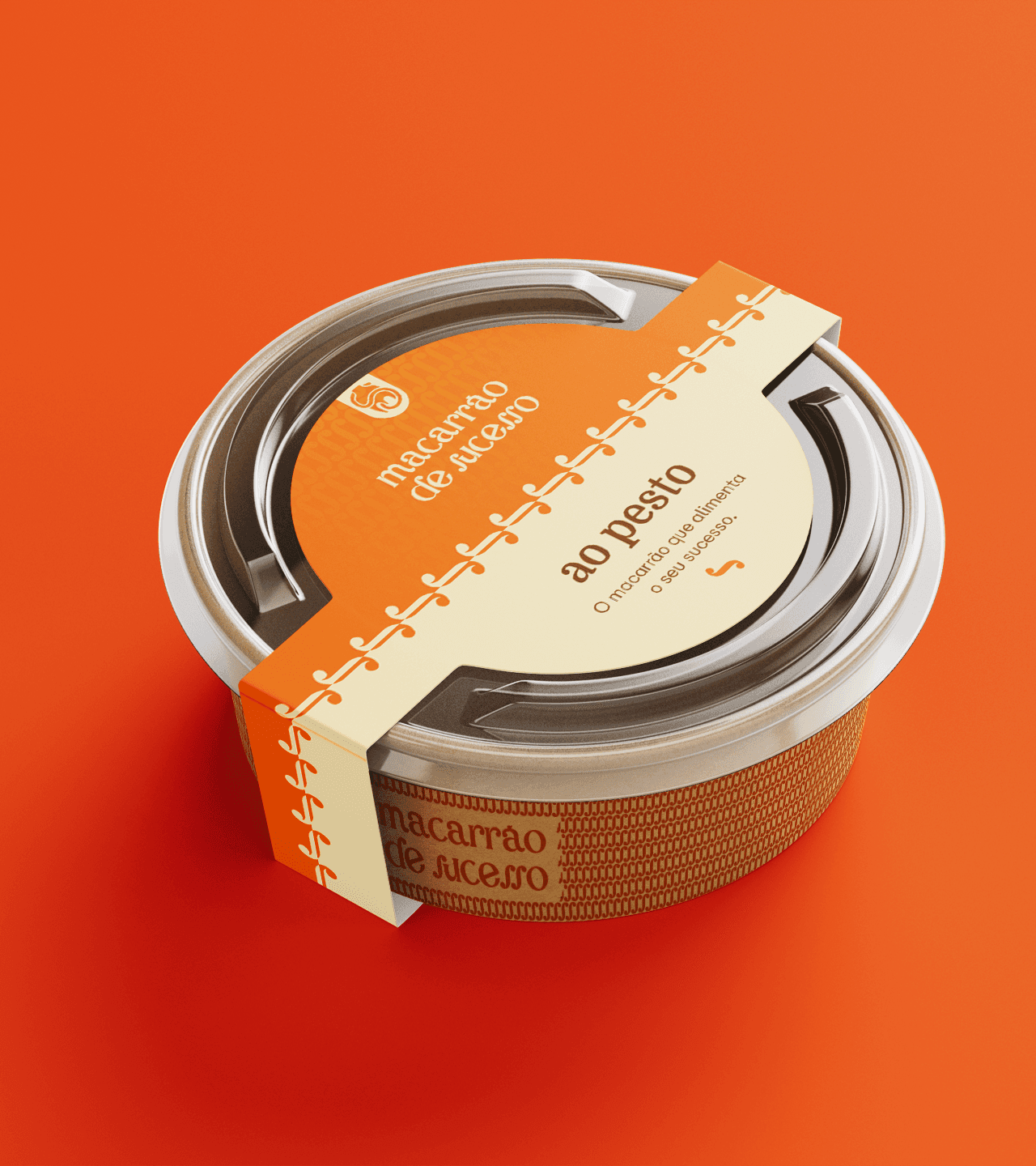 uma marmita de um prato para entrega em um restaurante, a marmita apresenta visuais relativos ao empreendimento Macarrão de Sucesso.
