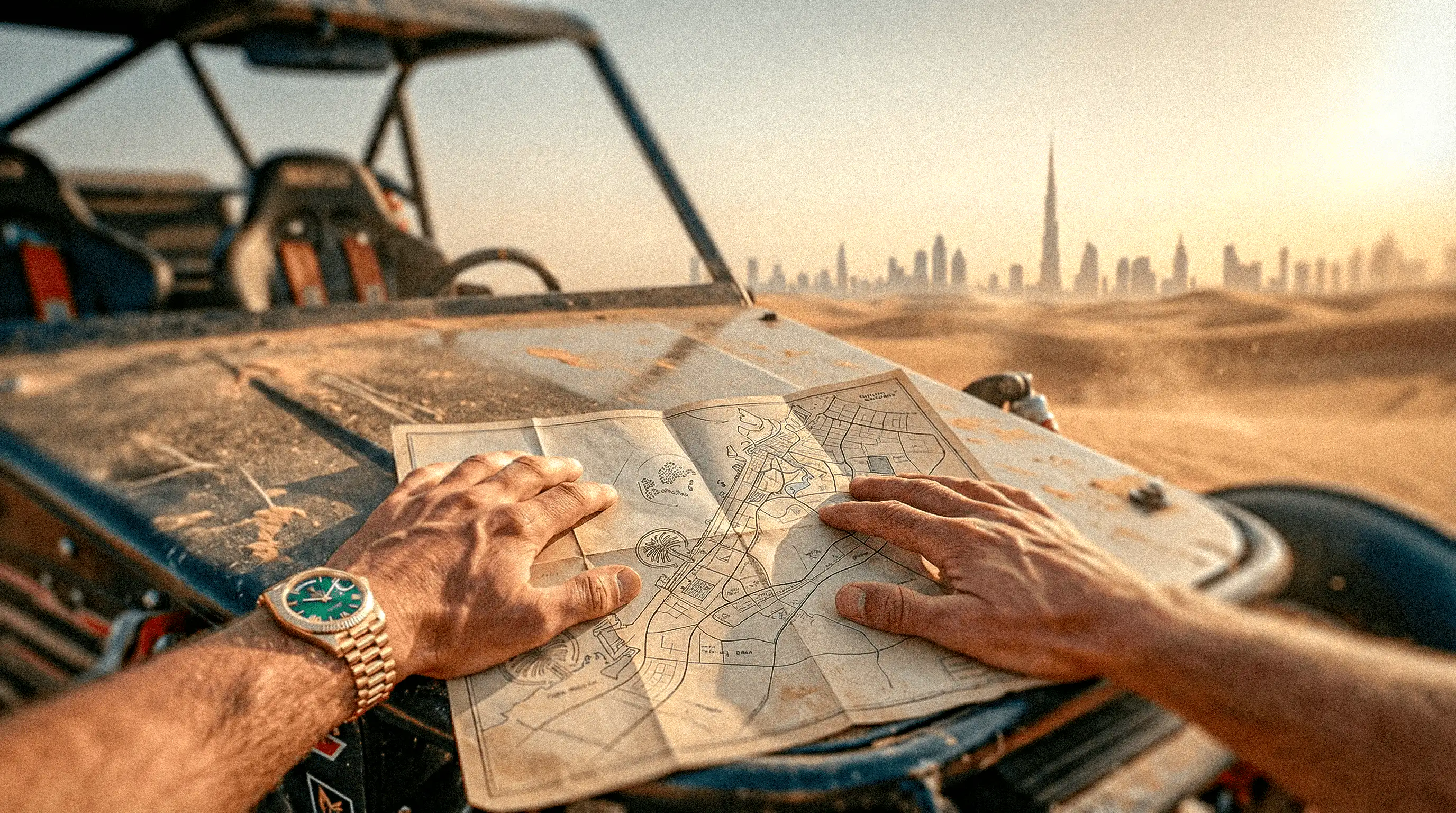 Manos sobre un mapa de Dubái en el desierto con el skyline de la ciudad al fondo, representando planificación estratégica de inversión inmobiliaria.