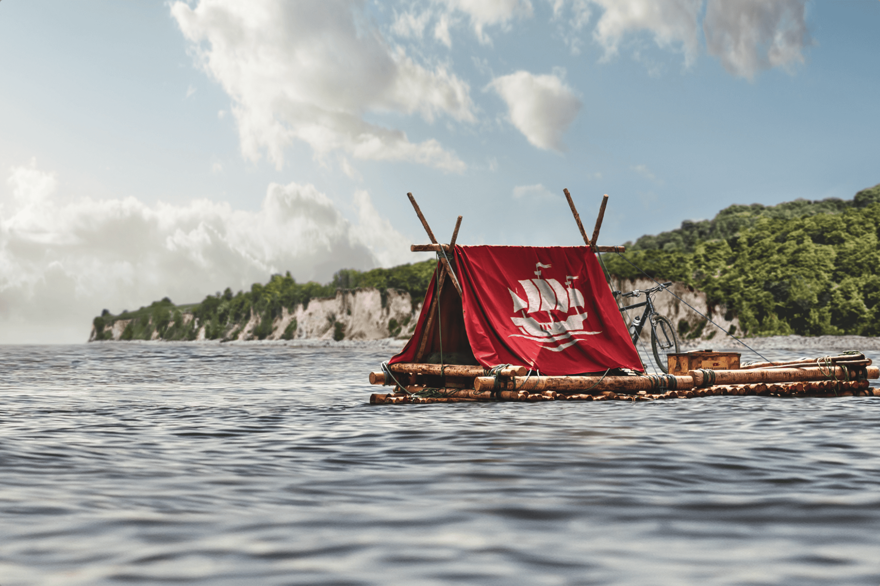 Raft with red flag and ship logo on water