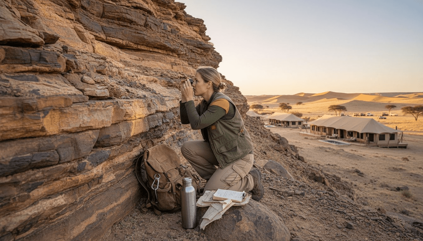 Geologist studying layered canyon wall rocks