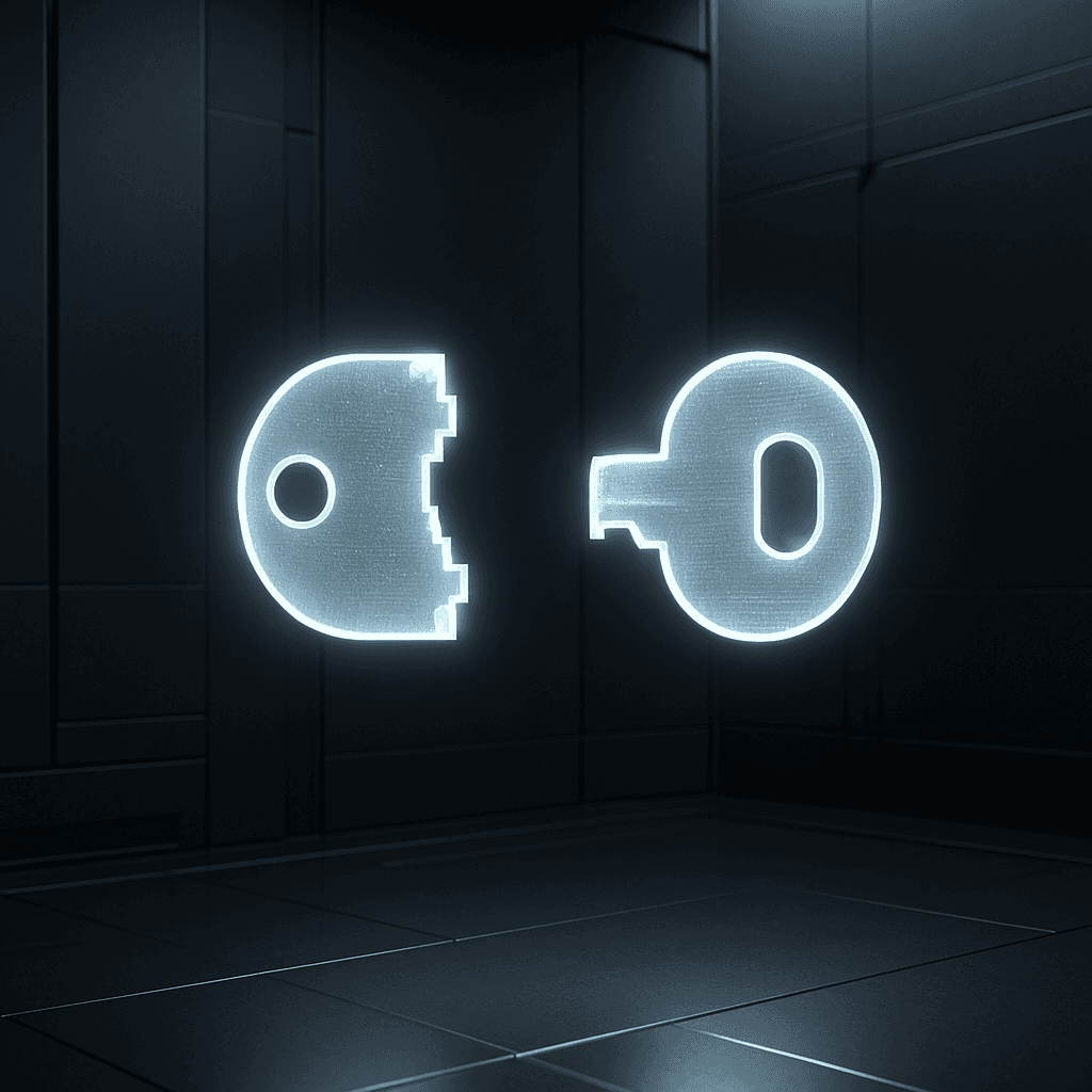Two halves of a glowing digital key suspended in a minimalist futuristic environment. Each key half floats separately, illuminated with soft diffused light. Matte black and silver surfaces with subtle reflections. Background elements hint at secure vault architecture or encrypted data structures without looking technical. Ultra clean, high resolution, symbolic of split key shares and secure recovery.