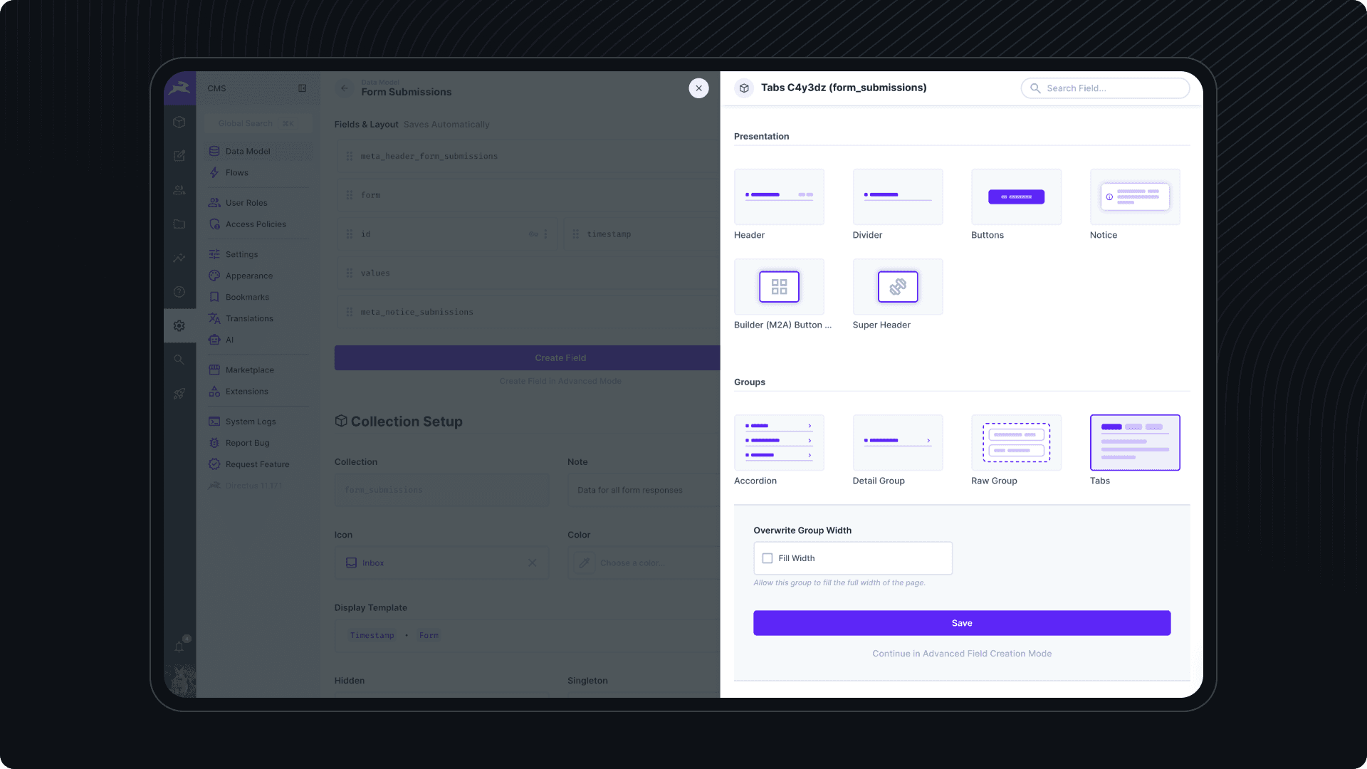 Native Tabs interface for organizing complex forms