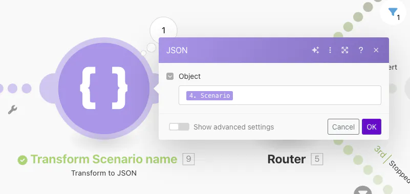 Make.com workflow: JSON Transform module setup for escaping special characters in scenario names before Slack message creation