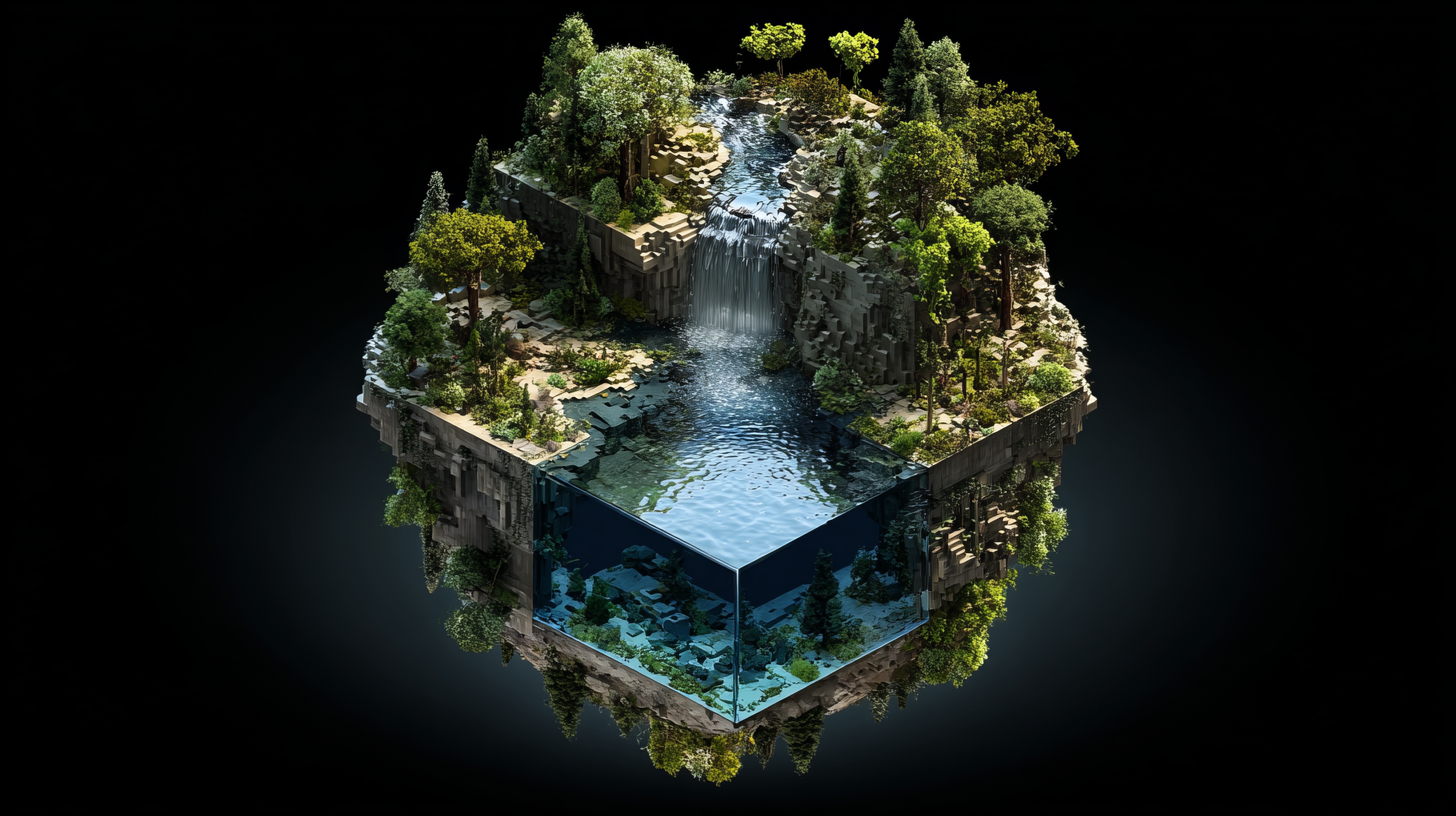 isometric floating island with trees and a waterfall