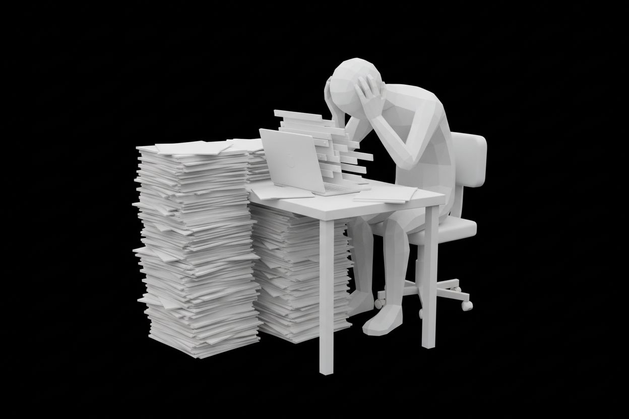 Person overwhelmed by email overload at their desk