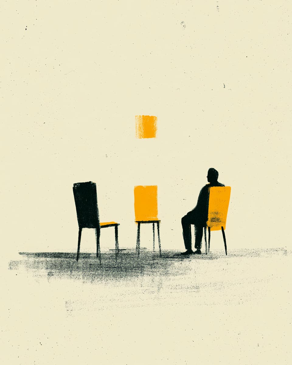 Illustration: Mann sitzt auf Stuhl, weitere Stühle, abstrakte Komposition. Psychologie, Therapie.