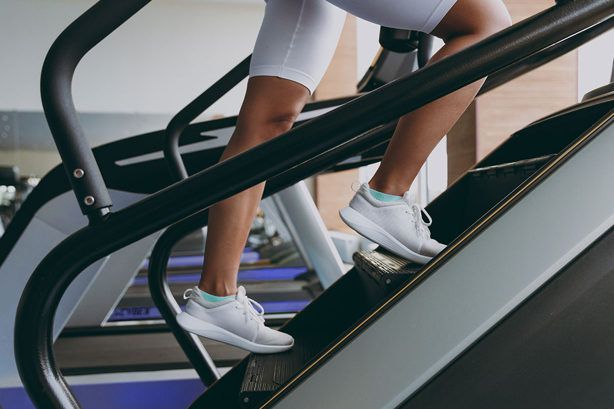 Climber training on a stairclimber to prepare for a Kilimanjaro ascent