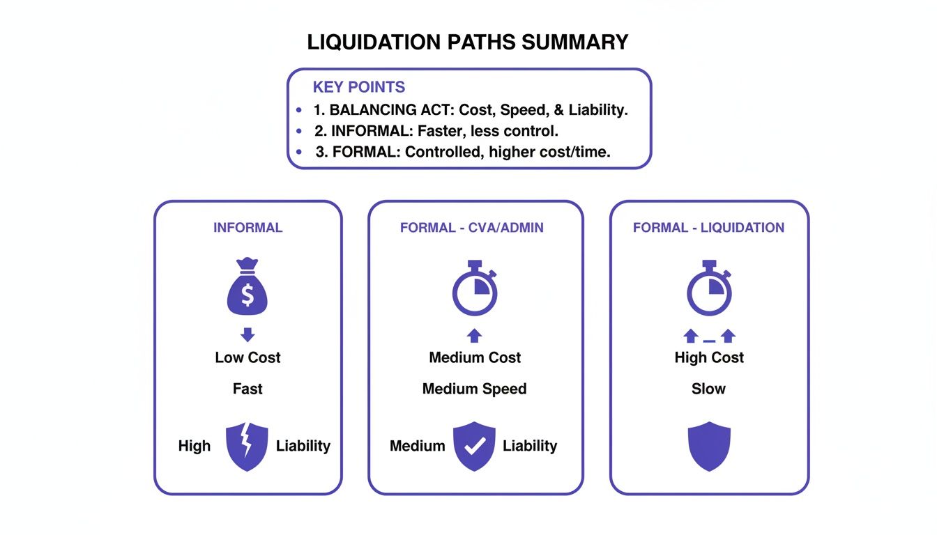 Summary of liquidation paths, comparing informal, CVA/admin, and formal liquidation with their costs, speeds, and liabilities.