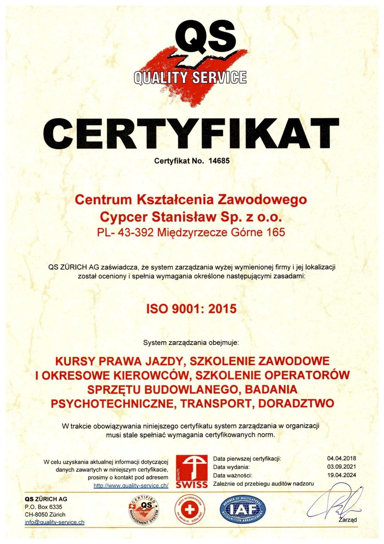 Certyfikat jakości dla CKZ Cypcer w zakresie szkoleń z diagnostyki psychologicznej.