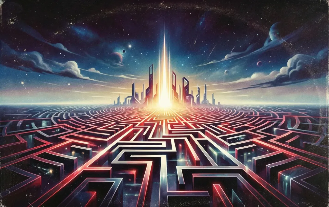 Futuristic cityscape with neon maze, symbolizing RockN' Socials Digital Marketing Agency.