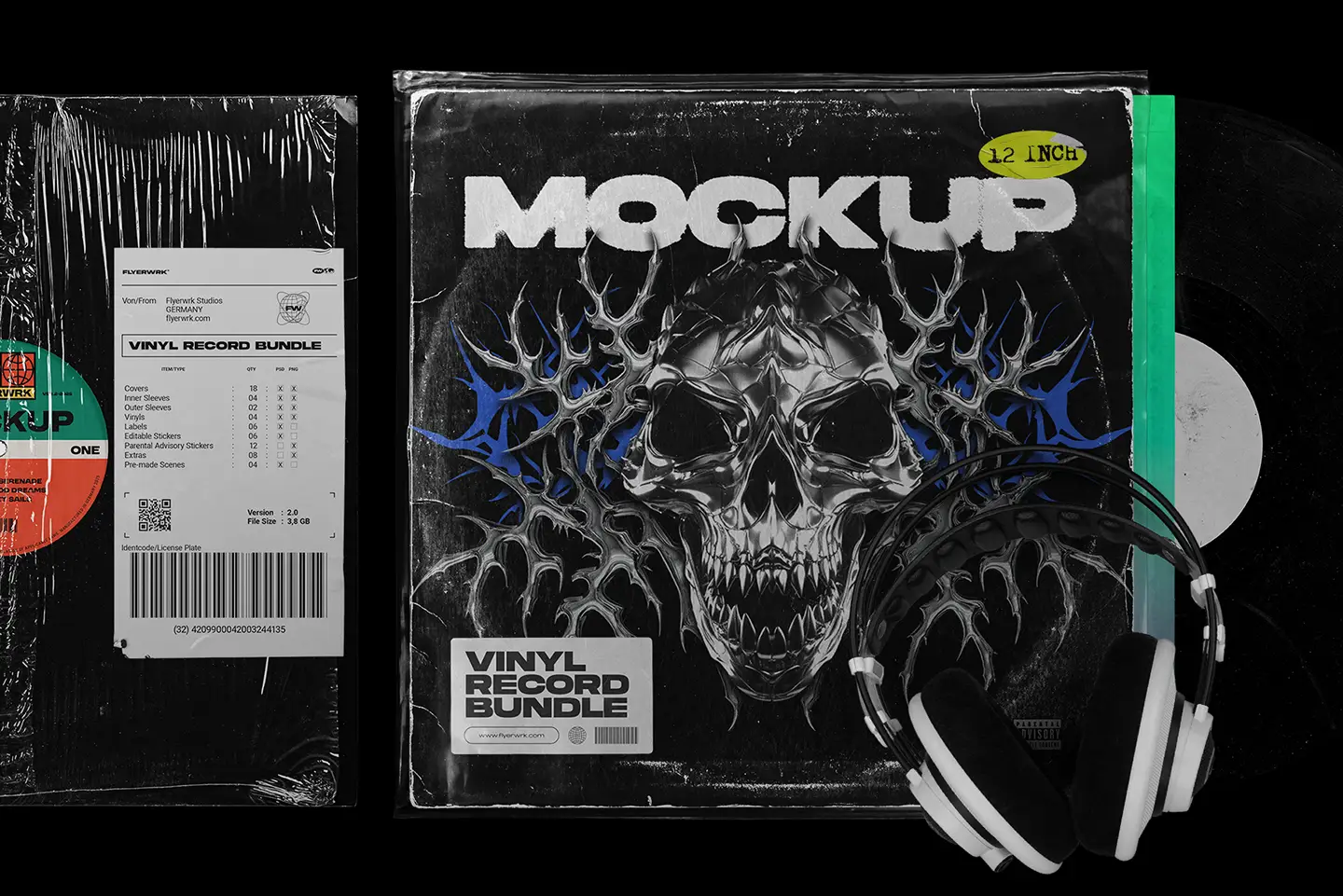 Vinyl record mockup bundle design preview showing customizable album sleeve artwork