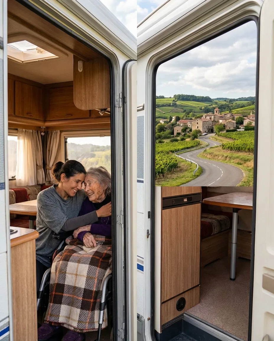 Fiona Loriol traveling with her elderly grandmother in a campervan during their European road trip.