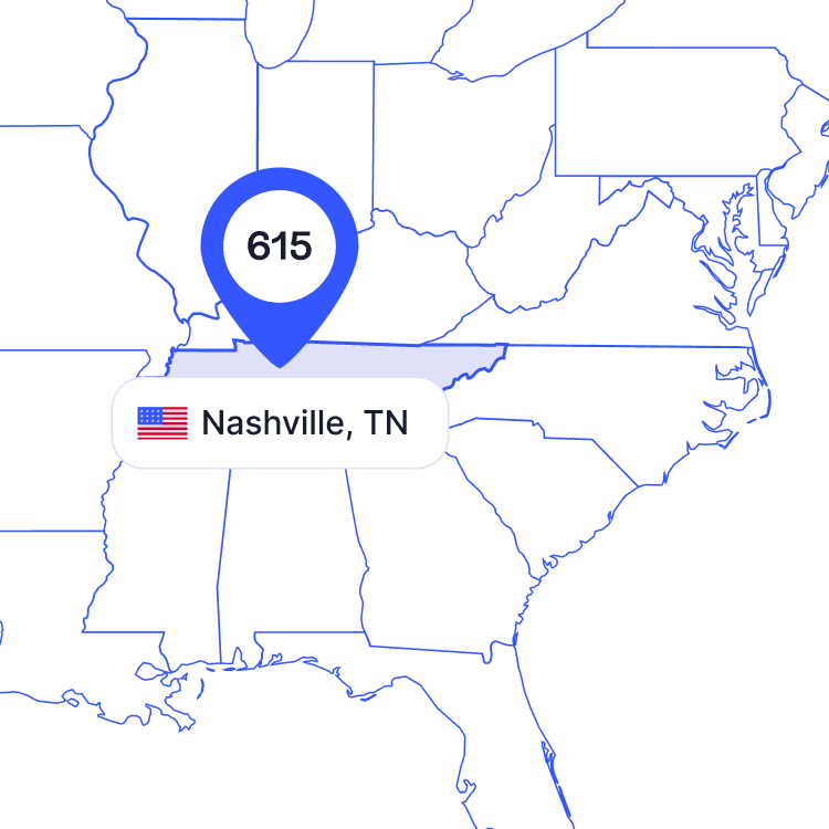 US map of 615 area code phone numbers and its coverage region