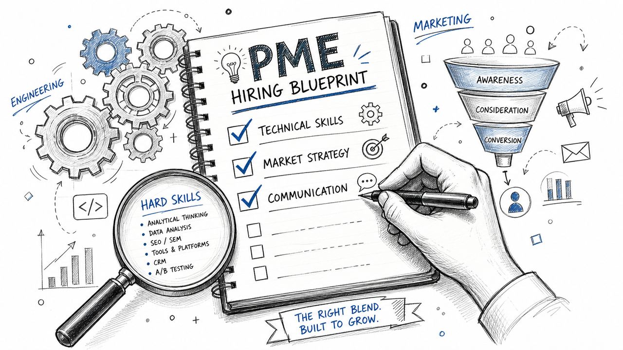 A hand filling out a PME hiring blueprint checklist highlighting technical skills, market strategy, and communication.