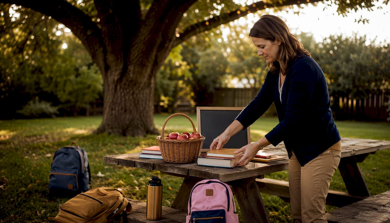 Mother setting up back-to-school photo props outdoors