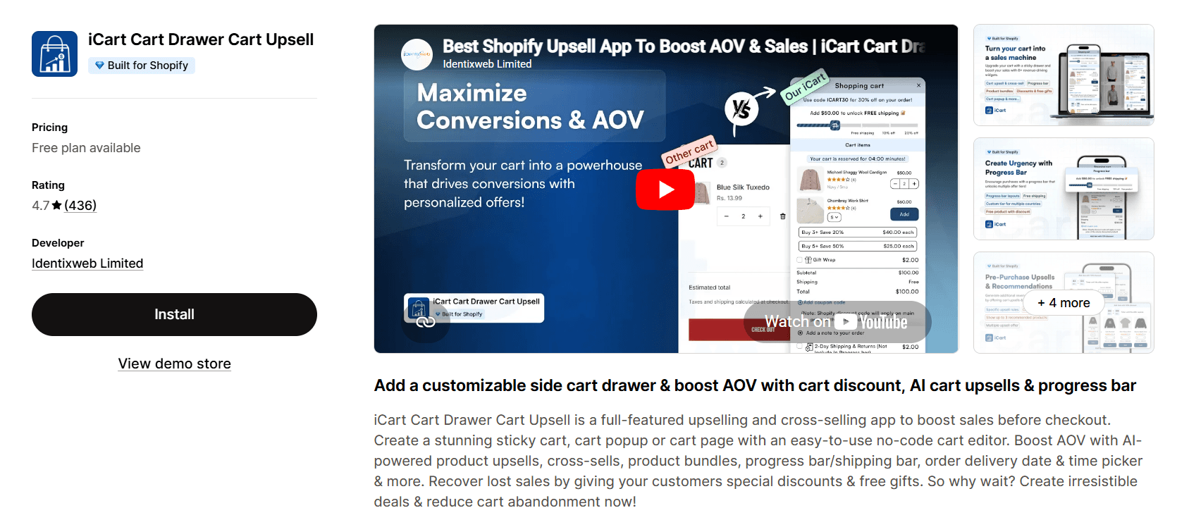 iCart upsell app on the Shopify App Store