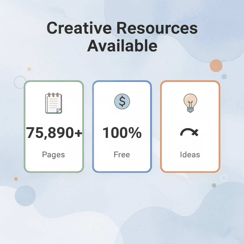 Statistics showing 75,890+ free coloring pages and unlimited creative possibilities - 