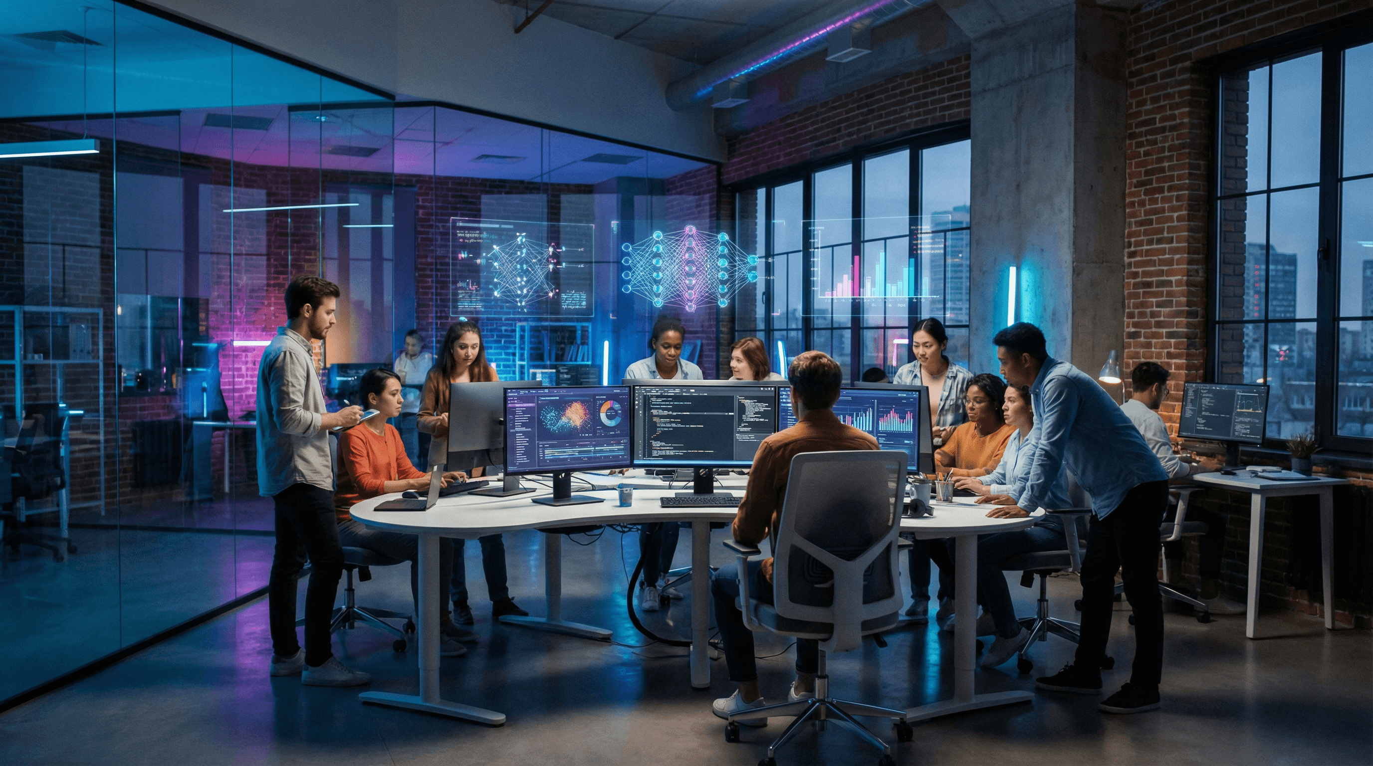 A person wearing headphones works at a music production station, surrounded by monitors displaying audio editing software, with colorful lighting and sound equipment creating a vibrant studio atmosphere.