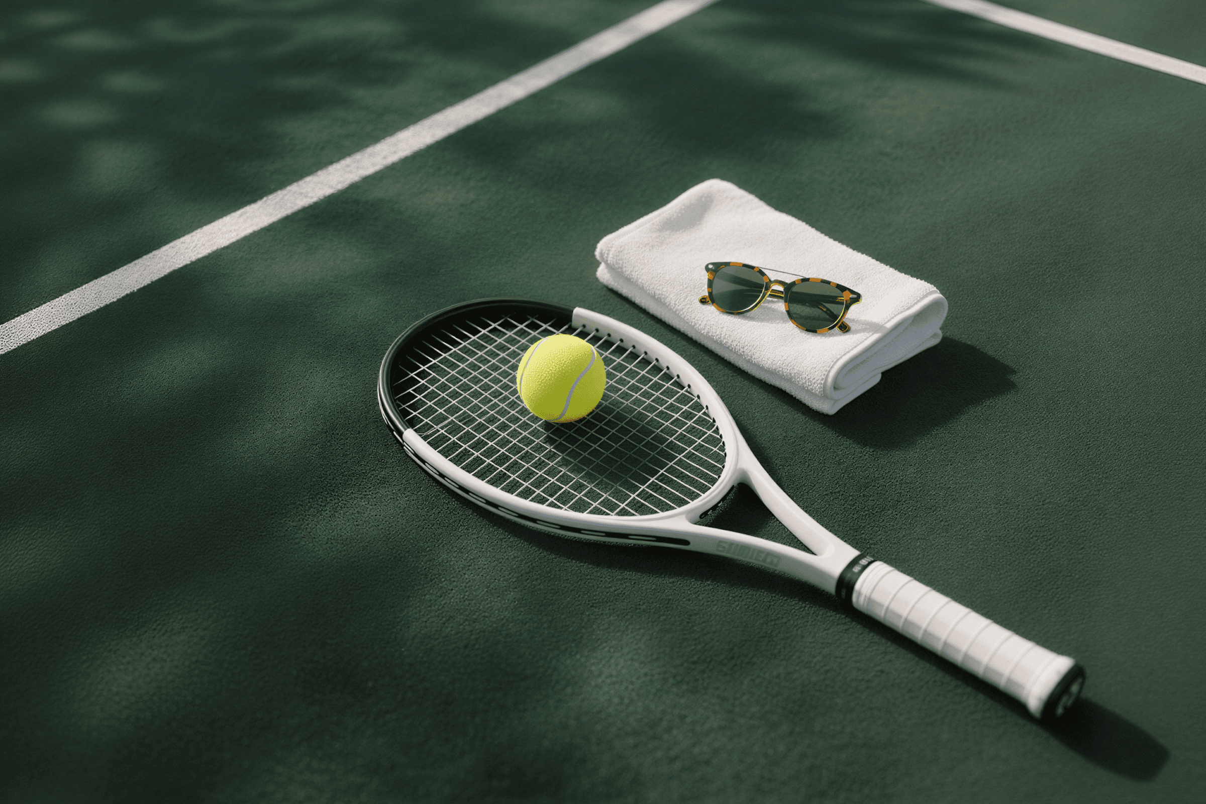 Tennis racket and ball on a green court, aerial view — AI generated with Lore