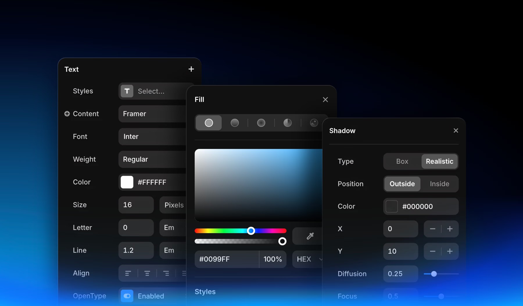 Casa Verde Framer template interface showing text, fill, and shadow options.
