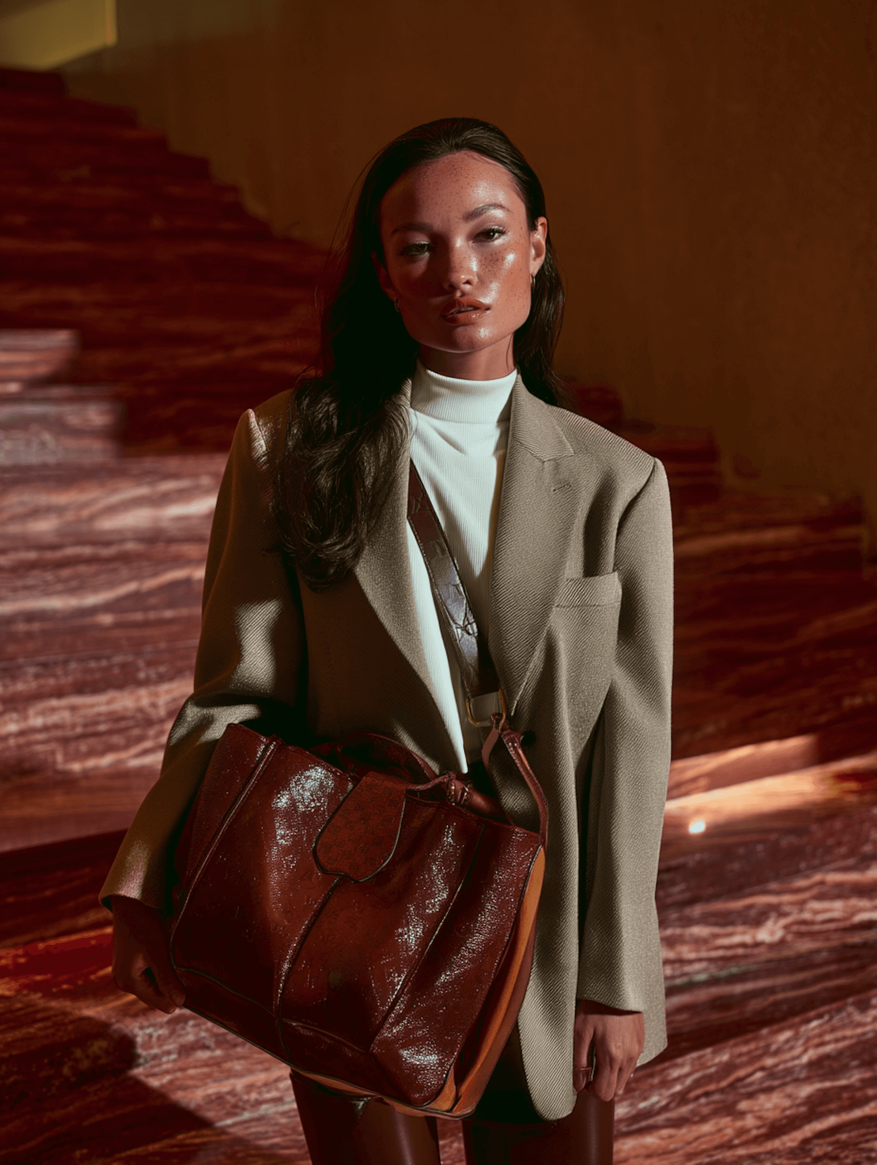 Stylish woman in a beige blazer with a glossy brown leather bag, standing in a warm-toned interior with a marbled staircase.