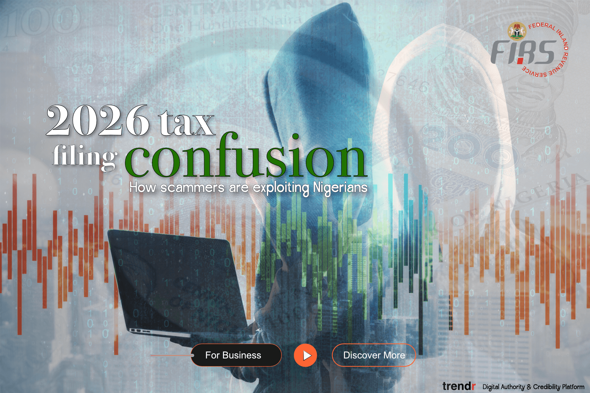 Graphic showing Nigeria 2026 tax filing scam warning with FIRS reference, highlighting fraudulent tax messages and fake tax bill alerts targeting Nigerians