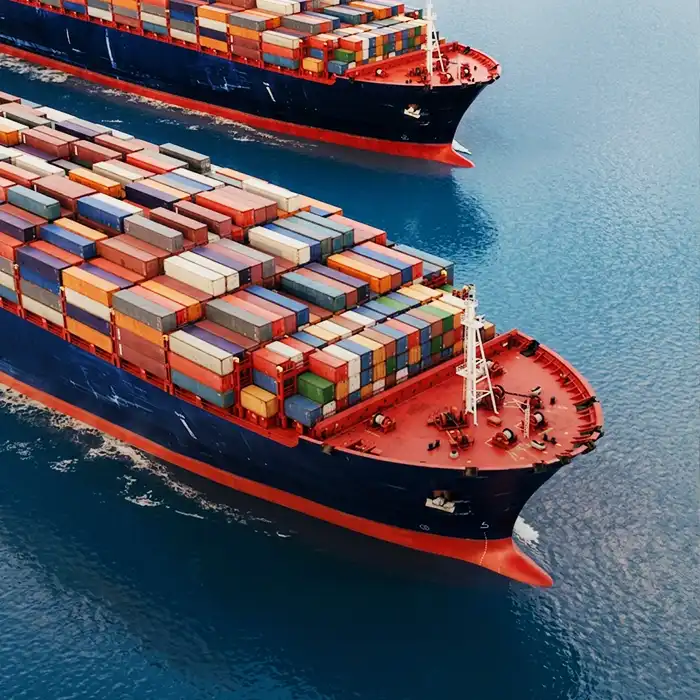 Two massive container ships carrying stacks of multicolored shipping containers navigating through open water. The image represents global trade, maritime logistics, and international shipping operations.
