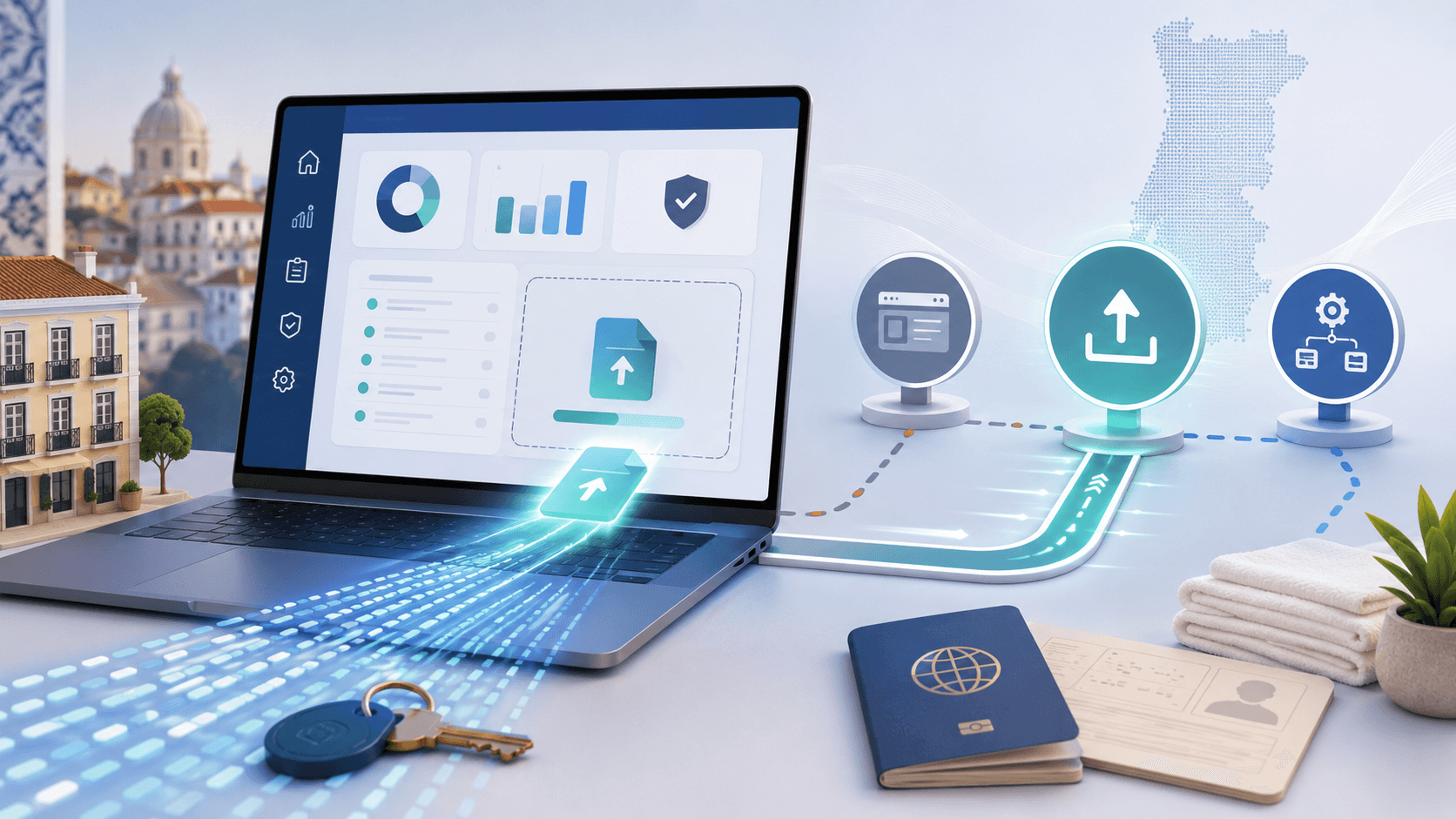 Depiction of a file being uploaded via a laptop